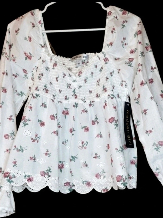 Madden Girl Tops - Madden Girl White Floral Smocked Square-Neck Blouse Large NWT